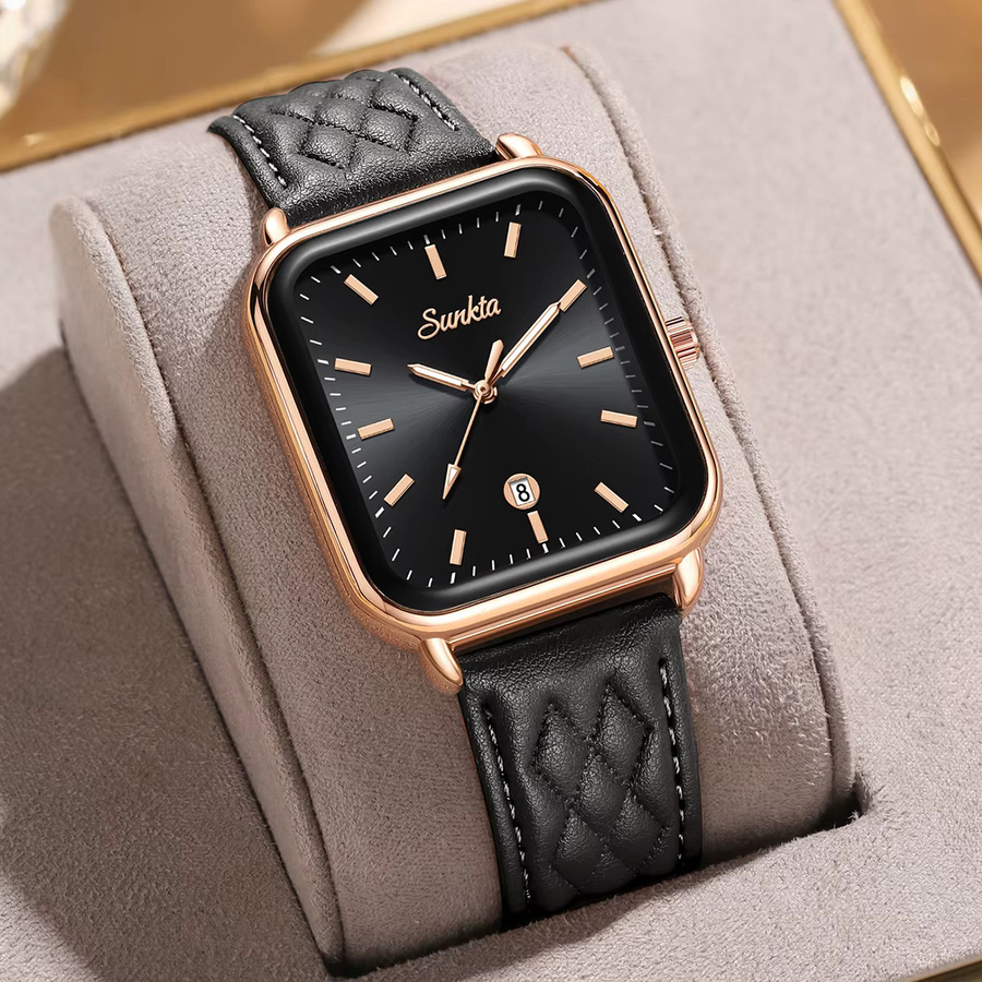 SUNKTA Armbanduhr Damen, Quarz, Leder, Roségold, Eckig, Schwarz - Bild 3