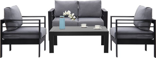 MEXO Gartenmöbel Lounge-Set Genua für 4 Personen aus pulverbeschichtetem Aluminium mit Polstern in Schwarz und Grau - Bild 1