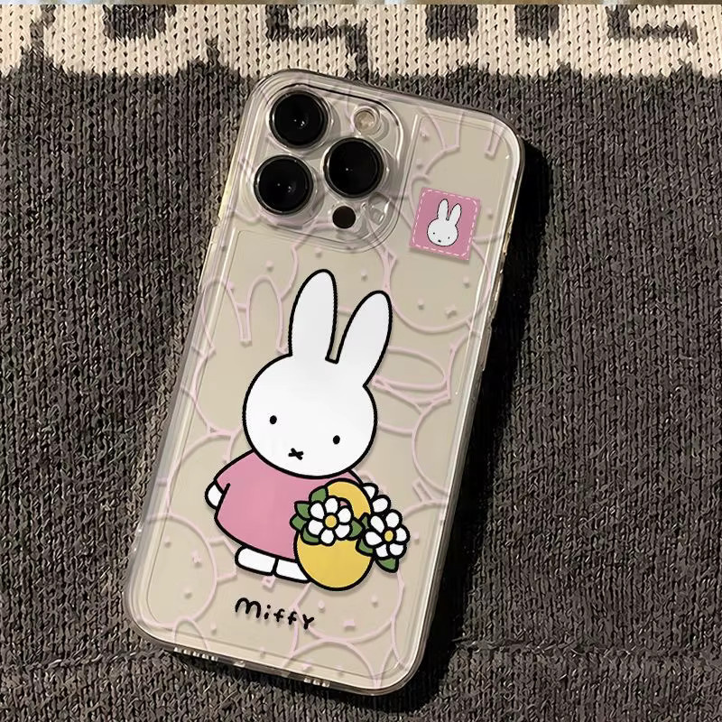 Miffy Handyhülle mit Kunstlinien-Blumen Design für iPhone, transparent und beige, TPU-Schutzhülle für verschiedene iPhone Modelle - Bild 3