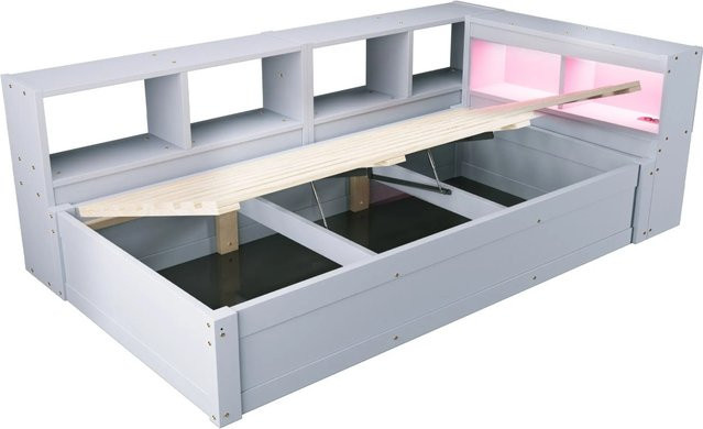 Merax Schlafsofa Grau mit LED-Unterbettbeleuchtung, USB-Ladeport und Stauraum, B/T/H: 220 x 90 x 70 cm - Bild 1