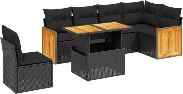 vidaXL 7-teilige Garten-Sofagarnitur in L-Form aus schwarzem Poly-Rattan mit Kissen und Akazienholz - Bild 1