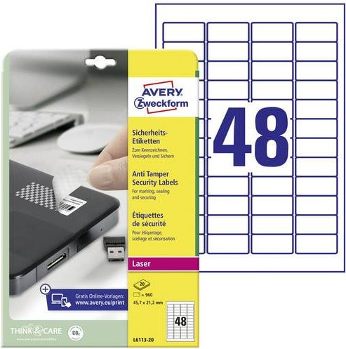 Avery Zweckform Sicherheits-Etiketten L6113-20, fälschungssicher und robust, weiß, B: 45,7 mm, H: 21,2 mm, 960 Stück - Bild 1