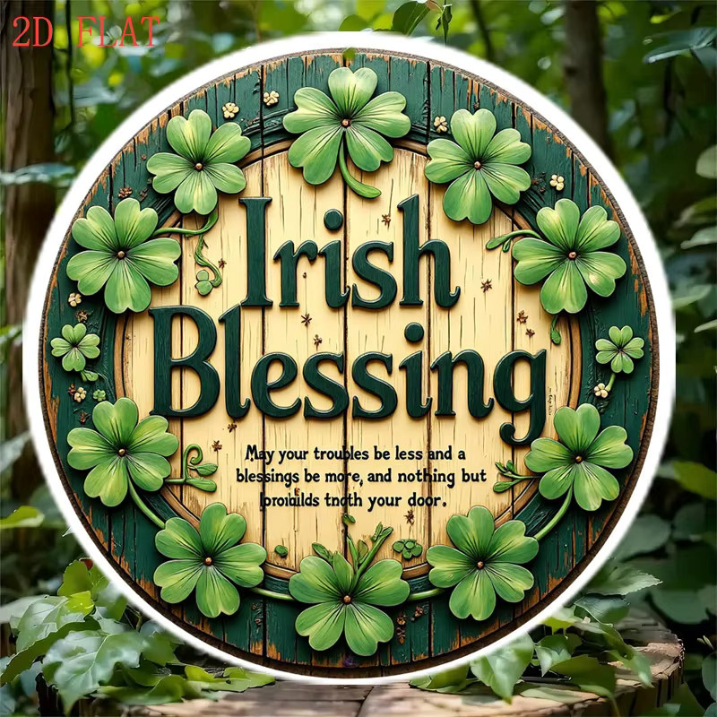 Potdemiel Irish Blessing Good Luck Wanddekoration mit Kleeblatt-Blumenmotiv in Grün und Blaugrün, rundes Metallschild, Durchmesser: 20 cm - Bild 5