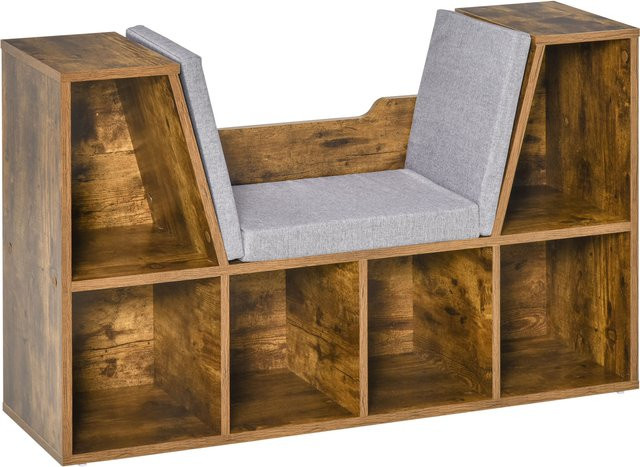 Aosom 2-in-1 Bücherbank mit Sitzkissen und Würfelregal mit 6 offenen Fächern, Rustikbraun, B: 102 cm, T: 30 cm, H: 61 cm - Bild 1