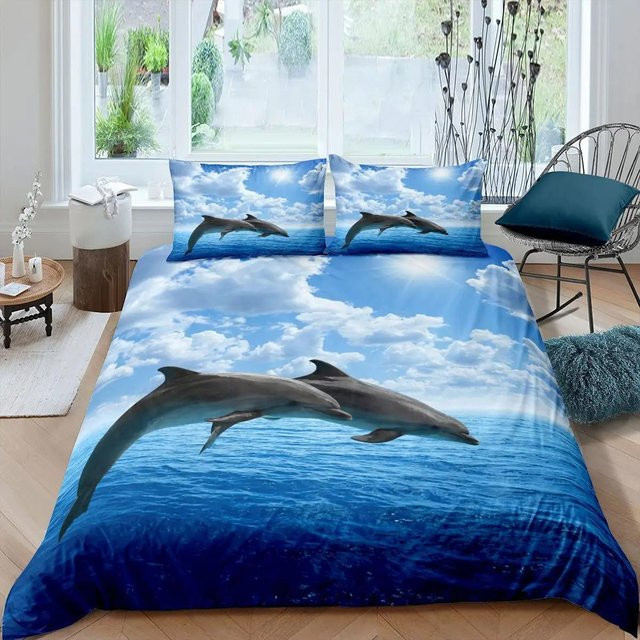 Bettwäsche-Set mit 3D-Delfin-Motiv in Blau von Your Warm Home, bestehend aus Bettbezug und 2 Kissenbezügen aus Polyester, B/H: 173 x 218 cm, Kissen: 50 x 70 cm - Bild 1