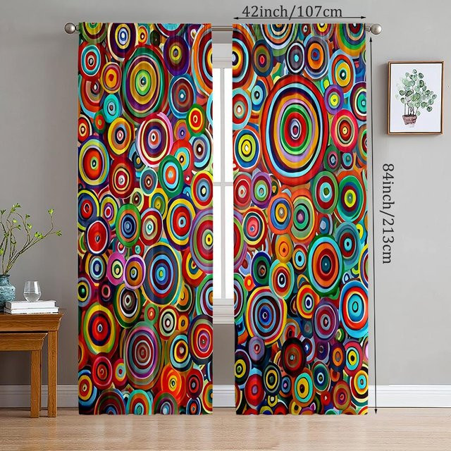 2er-Set dekorative runde Vorhänge aus Polyester in Rot und Bunt, halbtransparent mit Grafikmuster, B/H: 35 x 100 cm - Bild 1