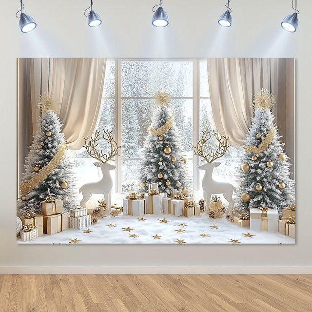 VIKAMA Amerikanischer Weihnachts-Wandteppich mit Schneewald-Motiv, Rentier und Weihnachtsbaum zur Wanddekoration - Bild 1