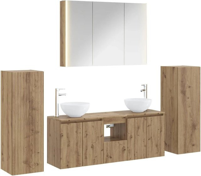 vidaXL Badezimmermöbel-Set 6-teilig in Artisan-Eiche, modern mit Waschtischunterschrank, Spiegelschrank und LED-Beleuchtung, Braun - Bild 1