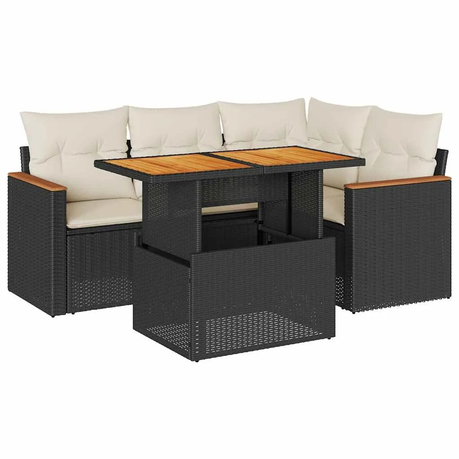vidaXL 5-teilige Garten-Sofagarnitur in L-Form aus Polyrattan und Akazienholz mit Kissen in Schwarz-Creme - Bild 2