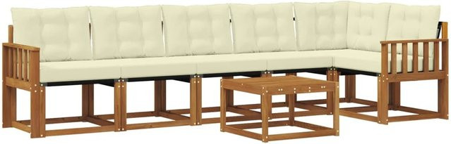 vidaXL Outdoor-Sofagarnitur 7-teilig aus Akazienholz und Textilene in Natur und Creme mit Kissen und Armlehnen - Bild 1