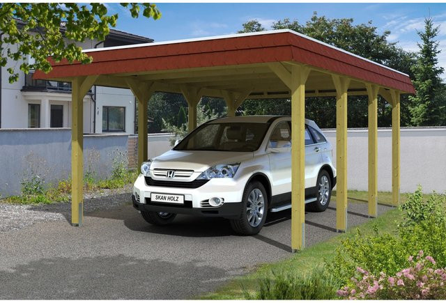 Skan Holz Walmdach-Carport Spreewald aus Nadelholz mit Blende in Rot, B/T: 396 x 589 cm - Bild 1