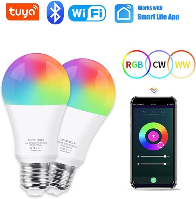 Tuya WiFi Smart LED-Birne E27 RGB mit 15W, dimmbar und kompatibel mit Google Assistant und Amazon Alexa, Multicolour - Bild 1
