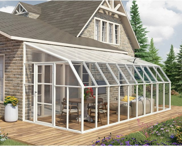 Palram - Canopia Gewächshaus Weiß mit Fundamentrahmen und Regenrinnen aus Polycarbonat für die Pflanzenzucht im Garten, 16,2 m² - Bild 1
