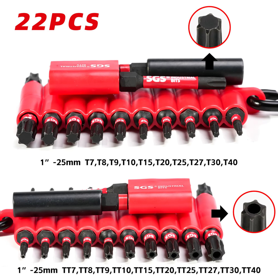 22-teiliges schlagfestes Schraubendreher-Bit-Set aus S2-Stahl in Industriequalität mit T7-T40 und Tt7-Tt40 Bits sowie Universalgriff für 1/4 Zoll - Bild 3