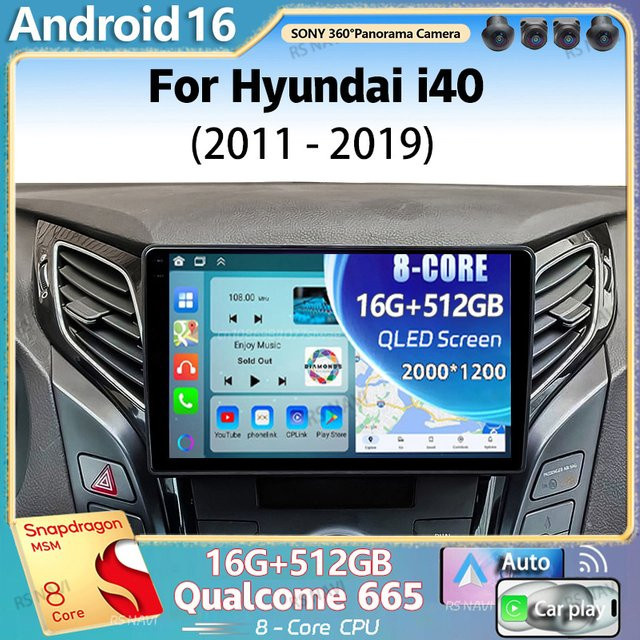 RSNAVI Android 16 Autoradio für Hyundai i40 2011 - 2019 mit 2K QLED Display, GPS, 4G, CarPlay und AI Sprachsteuerung, Schwarz - Bild 1