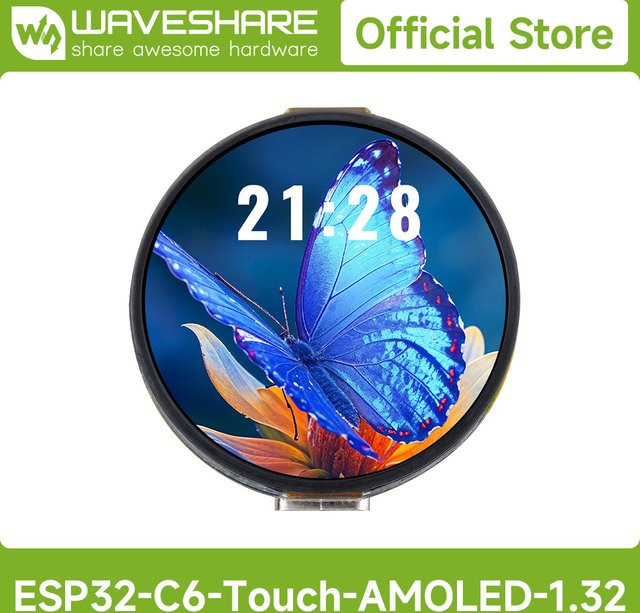 Waveshare ESP32-C6 Entwicklungsboard mit 1,32 Zoll AMOLED Rundes Touch-Display, 466 x 466 Pixel, QSPI-Schnittstelle, Wi-Fi 6 und Bluetooth 5, Schwarz - Bild 1