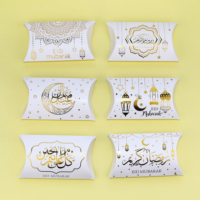 Ramadan Dekoration Eid Mubarak Geschenkboxen in Kissenform, Gold und Weiß, 6 oder 12 Stück aus Papier - Bild 1