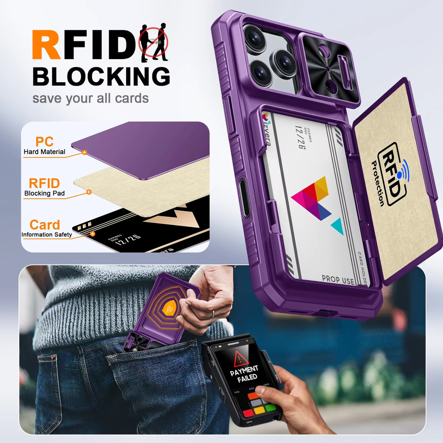 BANGZAO Wallet Case für iPhone 17 Pro mit Kartenhalter, Schiebe-Kameraabdeckung und Standfunktion in Lila - Bild 3