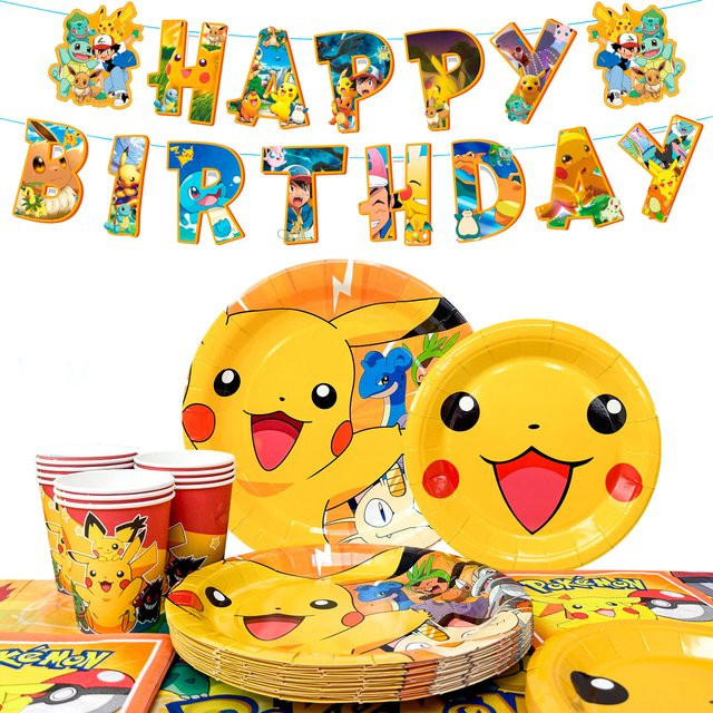 Potdemiel 114-teiliges Pokemon Partygeschirr-Set mit Tischdecke, Banner, Tellern, Servietten und Bechern in Gelb und Multicolour für deine Pikachu Geburtstagsparty - Bild 1