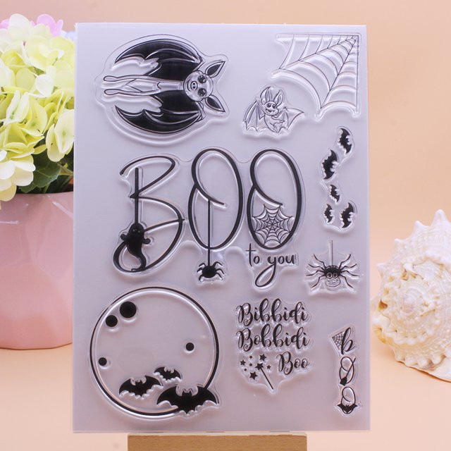 Alinacutle Halloween Silikonstempel mit Spinnen, Fledermäusen und BOO Motiv für Scrapbooking und Papierhandwerk, transparent - Bild 1