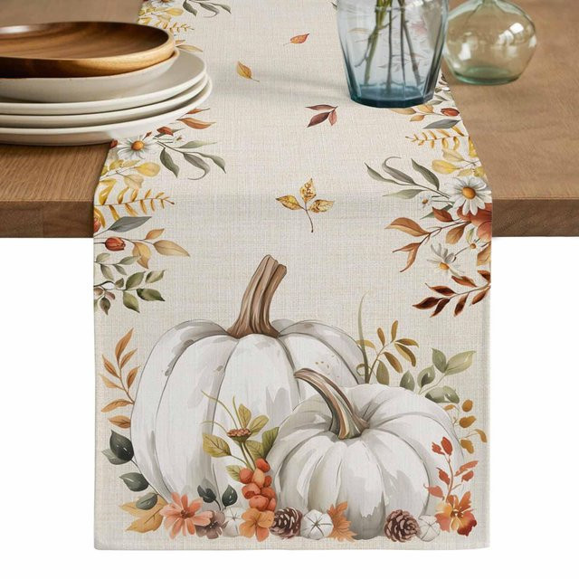 JMG Household Supplies Tischläufer aus Leinen mit Herbstkürbissen und Ahornblatt in Beige, B/T: 150 x 33 cm - Bild 1