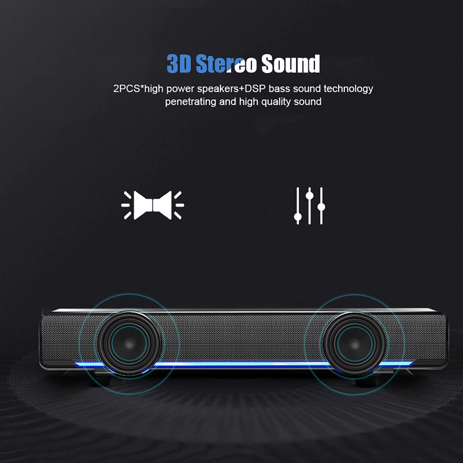 Qiilu Tragbare Stereo-Soundbar in Schwarz mit USB-Anschluss und 3,5-mm-Klinkeneingang für PC und Handy - Bild 2