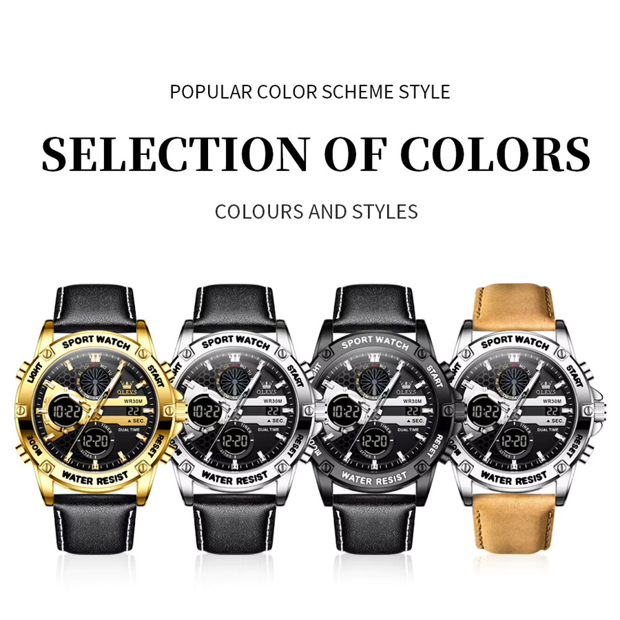 OLEVS Armbanduhr, Quarz, Lederarmband, Gold, Schwarz, Herren - Bild 6