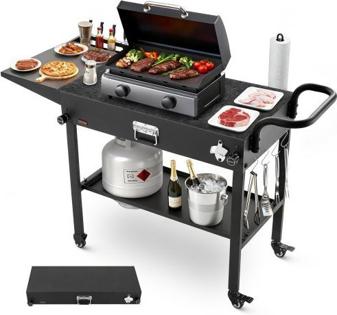 VEVOR Grillwagen aus Edelstahl in Schwarz, Klappbarer Grilltisch mit Seitentisch, Rollbarer Servierwagen für Garten und Küche, B/T/H: 128 x 98 x 59 cm - Bild 1