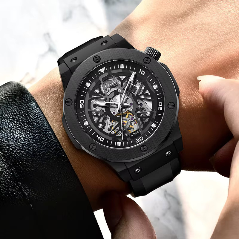 LIGE Armbanduhr Automatik, Silikon, Schwarz, Herren - Bild 5