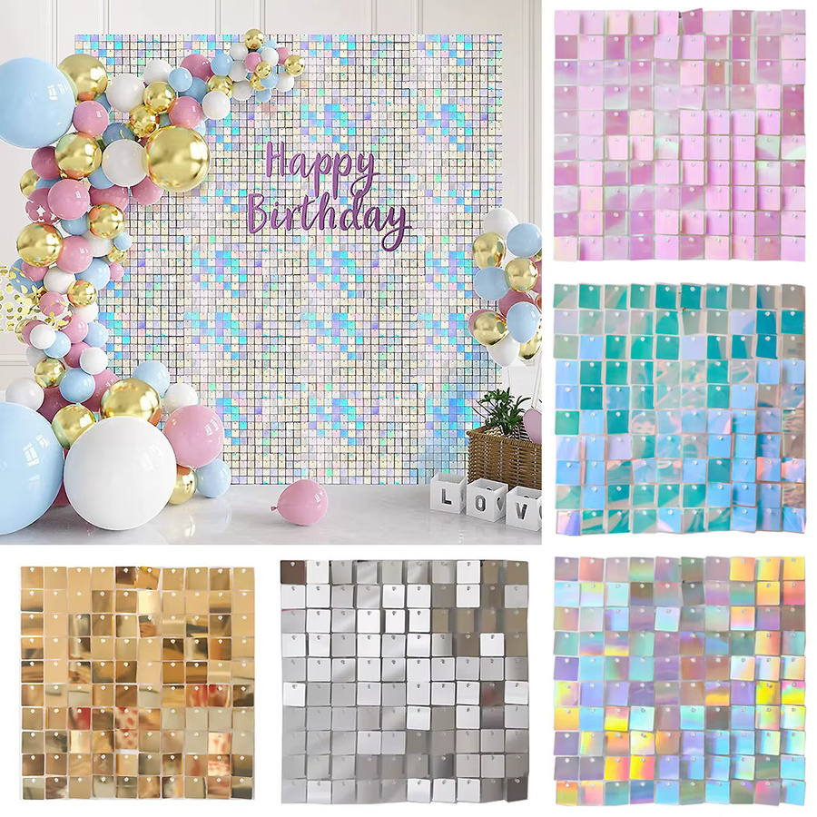 DUTRIEUX Glitzer-Wandhintergrund mit geometrischem Quadrat-Muster in Gold und Multicolour, glänzende Pailletten-Wandpaneele für Party, Hochzeit und Dekoration, B/H: 30 x 30 cm - Bild 1