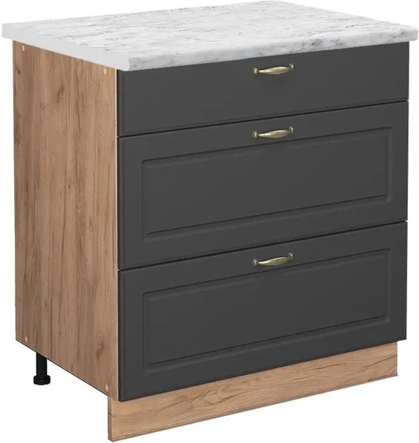 Vicco Küchenunterschrank Fame-Line in Anthrazit-Gold und Eiche mit 3 Soft-Close-Schubladen und Marmor-Optik, Breite: 80 cm - Bild 1