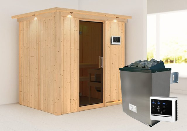Karibu Sauna Bjarne mit 9 kW Ofen, externer Steuerung, Dachkranz und Ganzglastür in Graphit, B/T/H: 196 x 151 x 202 cm - Bild 1