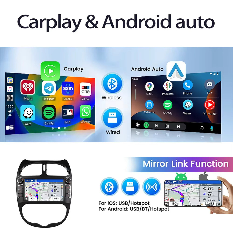 Icreative Autoradio mit Navigation GPS und Bluetooth für PEUGEOT 206 206CC 206SW (2000-2008), 2 Din Multimedia Player mit Android Auto und CarPlay, Schwarz - Bild 3
