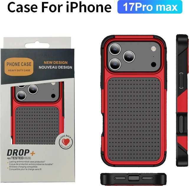 Stoßfeste Militär-Schutzhülle für Apple iPhone 17 Pro Max, 16, 15, 14, 13, 12, 11 Plus mit Wärmeableitung aus TPU und PC, Farbe: Rot - Bild 1