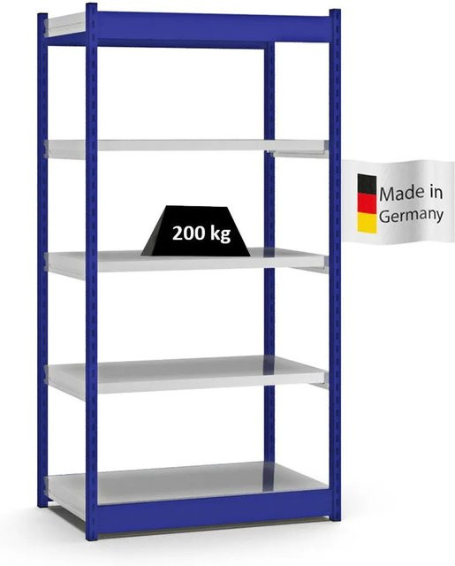 PROREGAL Fachbodenregal Stecksystem mit 5 Ebenen in Blau, H x B x T: 200 x 102,5 x 50 cm, Fachlast 200 kg - Bild 1