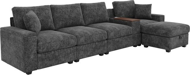 Merax Ecksofa L-Form in Grau mit USB-Ladefunktion, Stauraum und passendem Ottoman - Bild 1