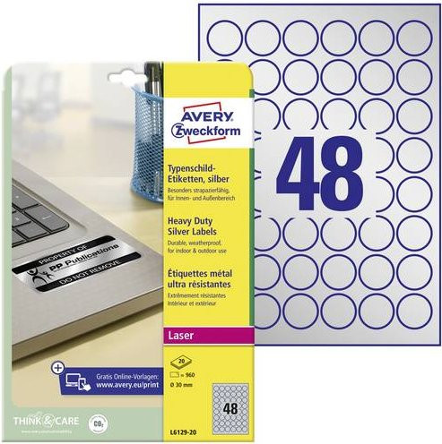 Avery Zweckform L6129-20 Typenschild-Etiketten aus silberner Polyester-Folie, rund Ø 30 mm, 960 Stück, permanent haftend für Laserdrucker - Bild 1