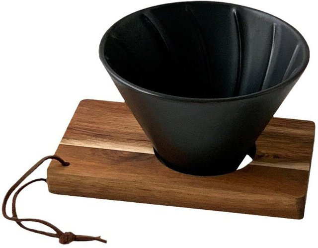 Brioche Pour Over Kaffeefilter mit wiederverwendbarem Porzellan-Tropfer in Schwarz und Holzoptik - Bild 1