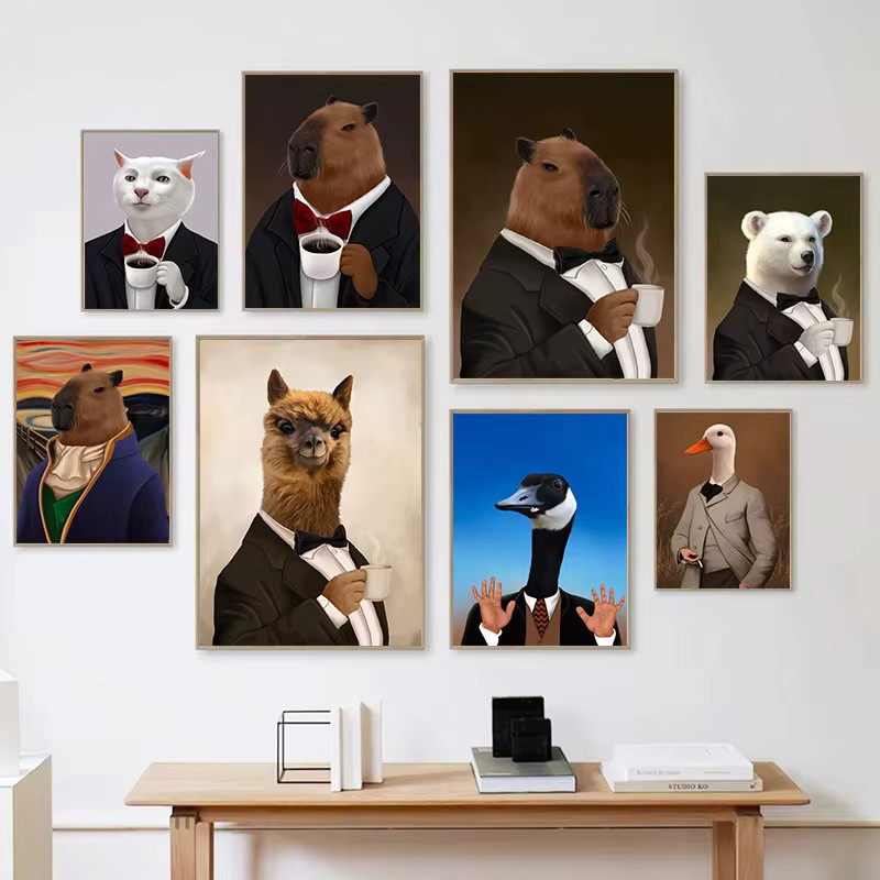 Potdemiel Leinwand Wandkunst mit Capybara im Business-Anzug und Ente beim Kaffeetrinken, Mehrfarbig, Modernes Poster für dein Wohnzimmer - Bild 2
