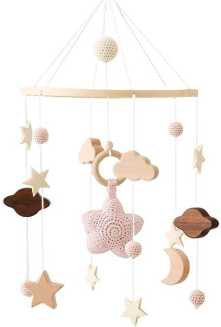 Binchi Outdoor Product Babybett Mobile Bettglocke, Rasselspielzeug, Holz, Häkelstern, rosa, ab 0 Jahre - Bild 1