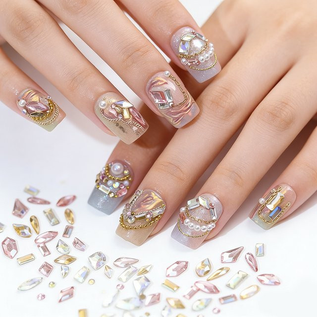 MAGT Nagelkristalle, Rosa, Schimmernd, Strass-Steine und Mini-Rundperlen - Bild 1