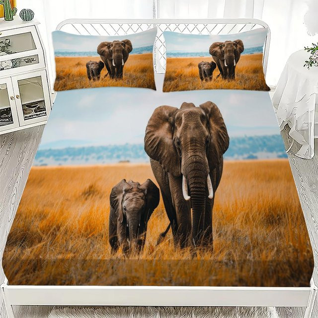 JMG Household Supplies Bettwäscheset Afrikanische Savanne mit Wildtier-Print, Atmungsaktives Microfaser-Spannbettlaken Set, Mehrfarbig, B/T: 90 x 200 cm, Höhe: 25 cm - Bild 1