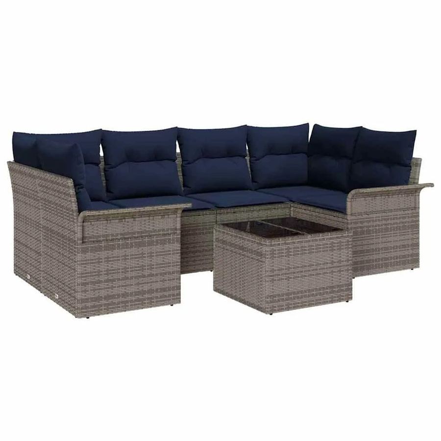 vidaXL Gartensofa-Set aus Poly-Rattan in Grau und Blau mit 7-teiligem Polster-Set und Tisch - Bild 2