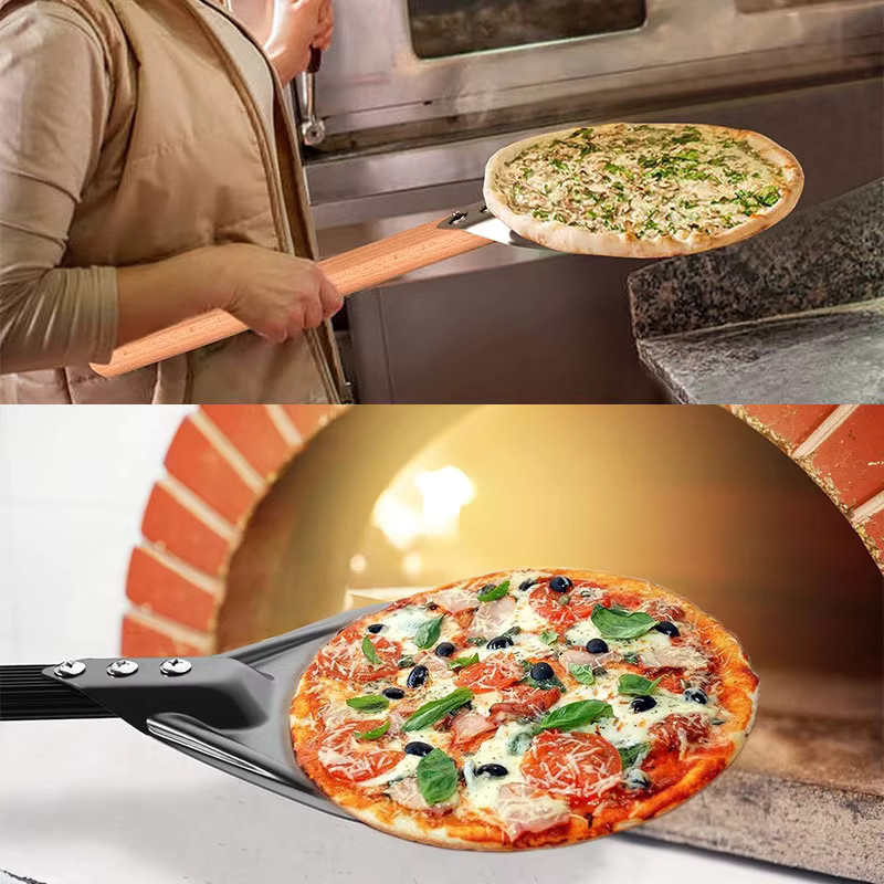 PGY Pizza-Schieber aus perforiertem Aluminium in Silber, rund mit langem Griff - Bild 3