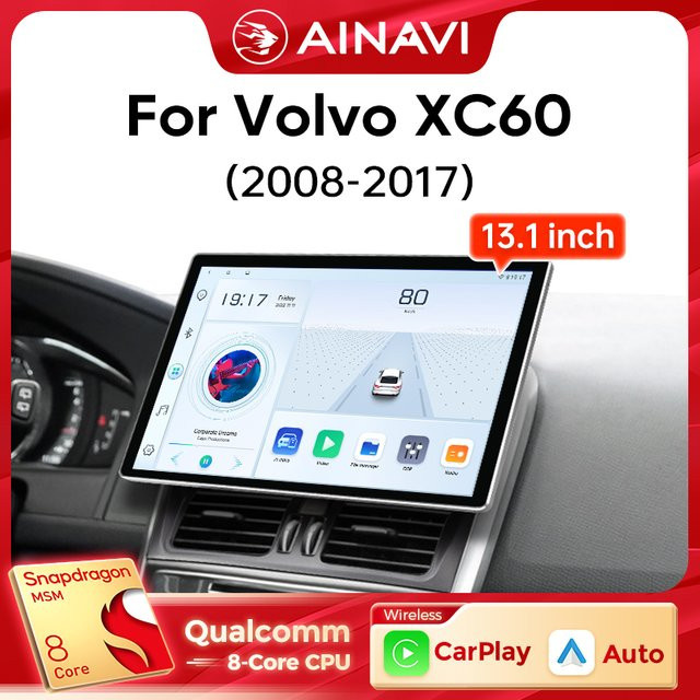 Ainavi Multimedia Autoradio mit 13,1 Zoll Display für Volvo XC60, Schwarz, mit kabellosem Android Auto und Apple CarPlay - Bild 1