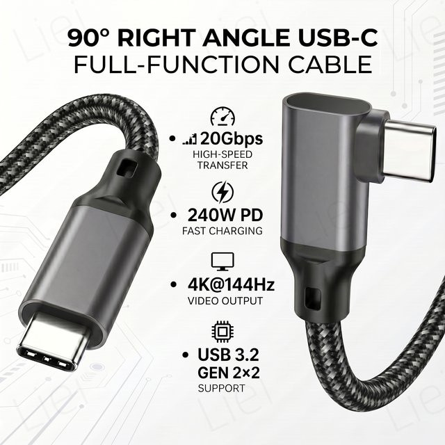 LIEI USB Typ-C Datenkabel mit 90 Grad L-Form, USB 3.2 Gen2x2, 20Gbps Datenübertragung und 240W PD-Ladung für 5K/4K Monitore - Bild 1