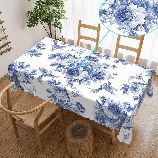 Wasserdichte Tischläufer von JINGYUE Pet mit blau-weißem Porzellan-Blumen- und Vogelmuster, B/L: 100 x 160 cm - Bild 1
