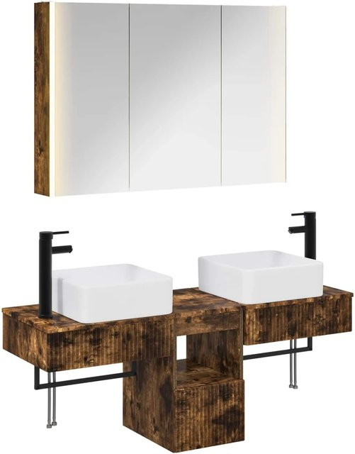 vidaXL Badezimmerschrank-Set 4-teilig aus geräuchertem Eichenholz in Braun mit LED-Beleuchtung und Spiegelschrank, modern und matt - Bild 1