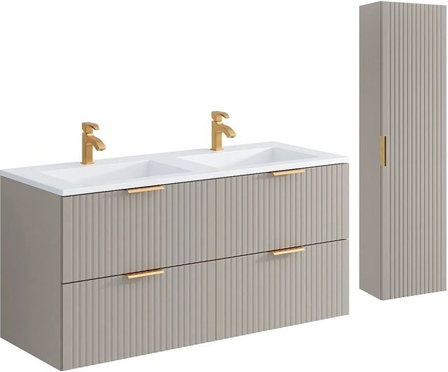 Vente-unique Badmöbel-Set Zevara in Beige im Art-Deco-Stil mit Einbauwaschbecken und Hochschrank, Breite: 120 cm - Bild 1