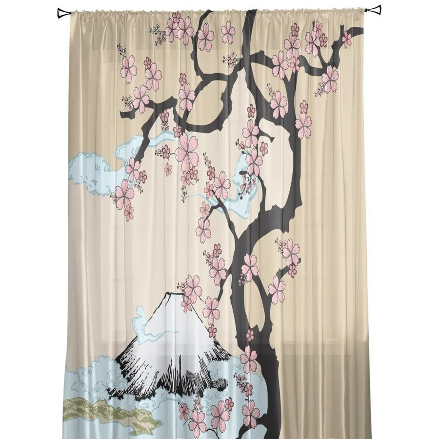 Yiran Furniture Transparentes Tüll-Fensterdekoration mit Mount Fuji Sakura Motiv, Organza Voile Vorhang in Mehrfarbig, B: 135 cm, H: 115 cm - Bild 2